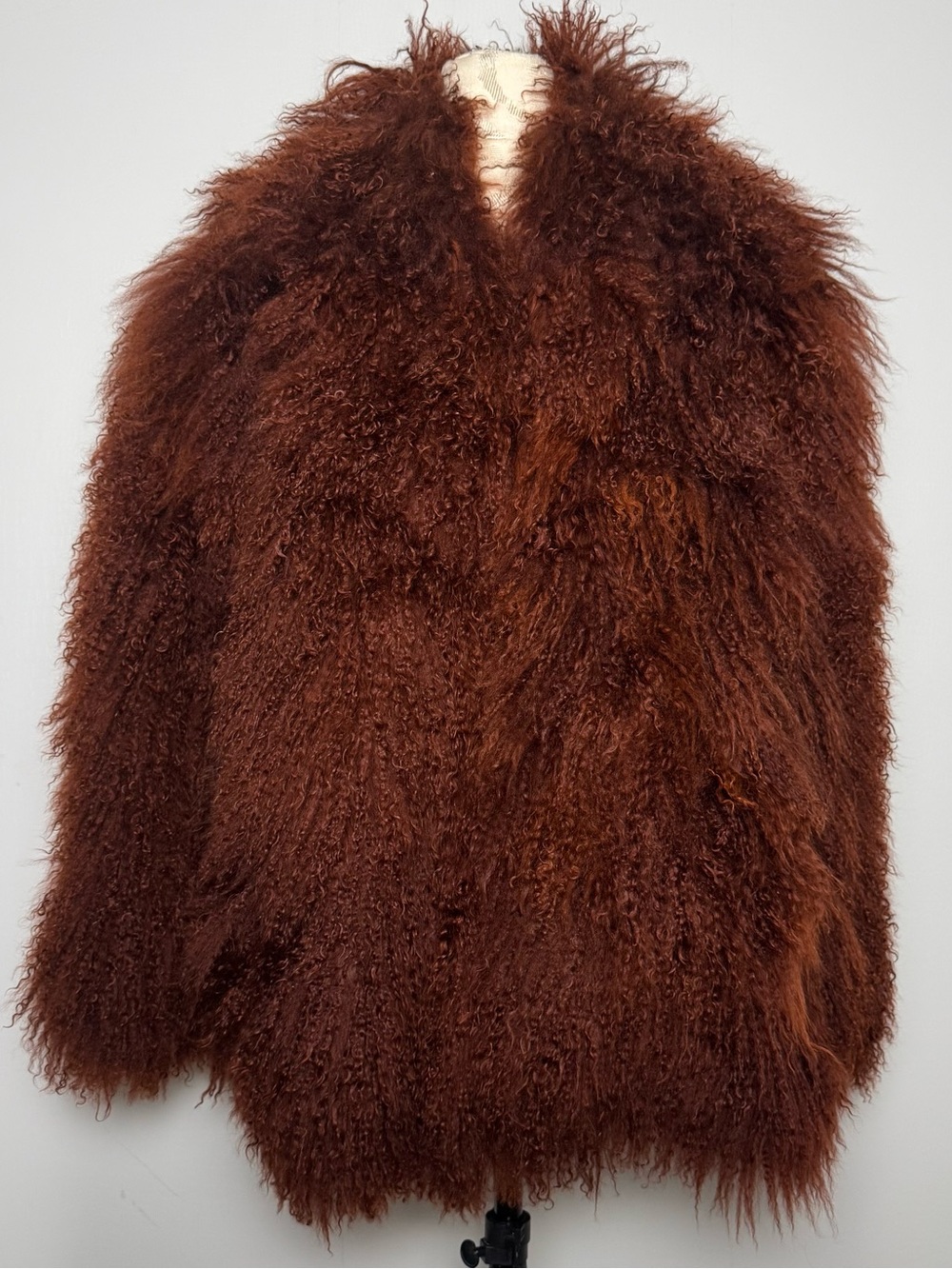 Vintage Genuine Fur Coat Auburn Brown Curly Shaggy Two Button Front